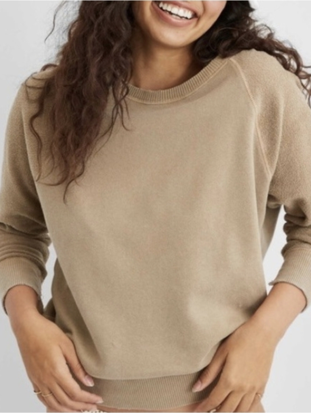 Aerie Camel Tan Inside Out Crewneck Sweater Size Small